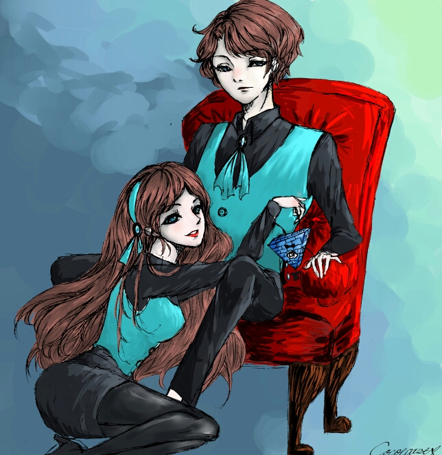 1boy 1girl aqua_eyes aqua_vest ascot bill_cipher breasts brooch brother_and_sister brown_hair chair cocotoast collared_shirt dark_persona dipper_gleeful dipper_pines facial_mark forehead_mark formal_clothes gem gravity_falls hair_ornament hairband jewelry long_hair mabel_gleeful mabel_pines pale_skin pantyhose pencil_skirt shirt short_hair siblings skirt swept_bangs twins vest will_cipher