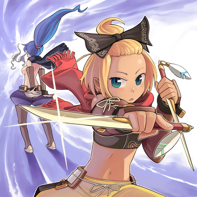 2girls 7th_dragon 7th_dragon_(series) aqua_eyes blonde_hair blue_hair bow bowieknife breasts flat_chest forehead hair_bow hatch_(7th_dragon) high_ponytail knife large_breasts multiple_girls navel pants ponytail rogue_(7th_dragon) topless_female wardrobe_malfunction