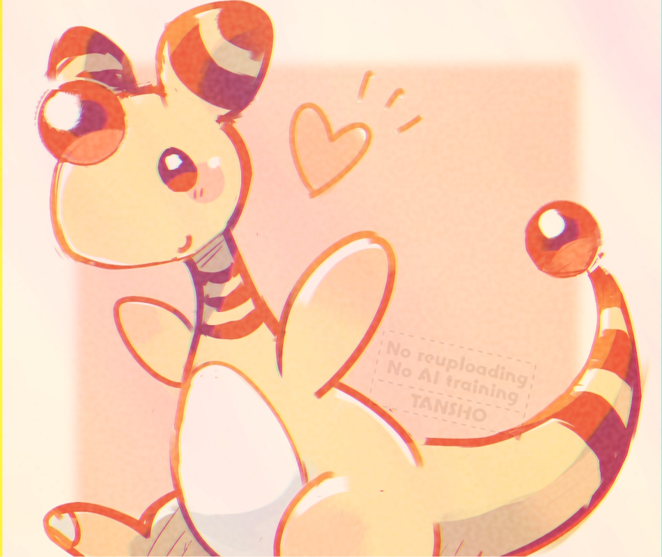 ampharos arms_up artist_name blush closed_mouth commentary_request gen_2_pokemon heart nintendo no_humans pokemon pokemon_(creature) pokemon_focus smile solo tansho