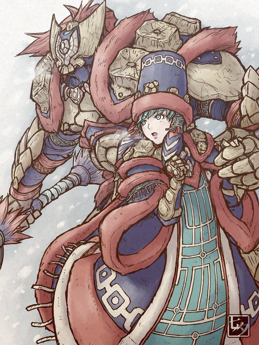 1boy 1girl armor blue_dress blue_eyes blue_hair blue_hat blue_tabard breastplate breath dress full_armor fur-trimmed_armor fur-trimmed_dress fur-trimmed_sleeves fur_hat fur_trim gammoth_(armor) gauntlets hands_up hat helmet holding holding_hands holding_weapon monster_hunter_(character) monster_hunter_(series) open_mouth shoulder_armor snow snowing tabard tanabanata weapon wide_sleeves