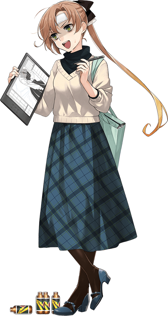 1girl akigumo_(kancolle) akigumo_kai_ni_(comiket)_(kancolle) akigumo_kai_ni_(kancolle) bags_under_eyes black_pantyhose black_sweater blue_footwear blue_skirt brown_hair brown_shawl cold_pack fujikawa full_body green_eyes hair_ribbon kantai_collection layered_clothes long_hair long_skirt mole mole_under_eye official_alternate_costume official_art pantyhose plaid_clothes plaid_skirt ponytail ribbon shaded_face shawl skirt smile solo standing stylus sweat sweatdrop sweater tablet_pc transparent_background white_sweater