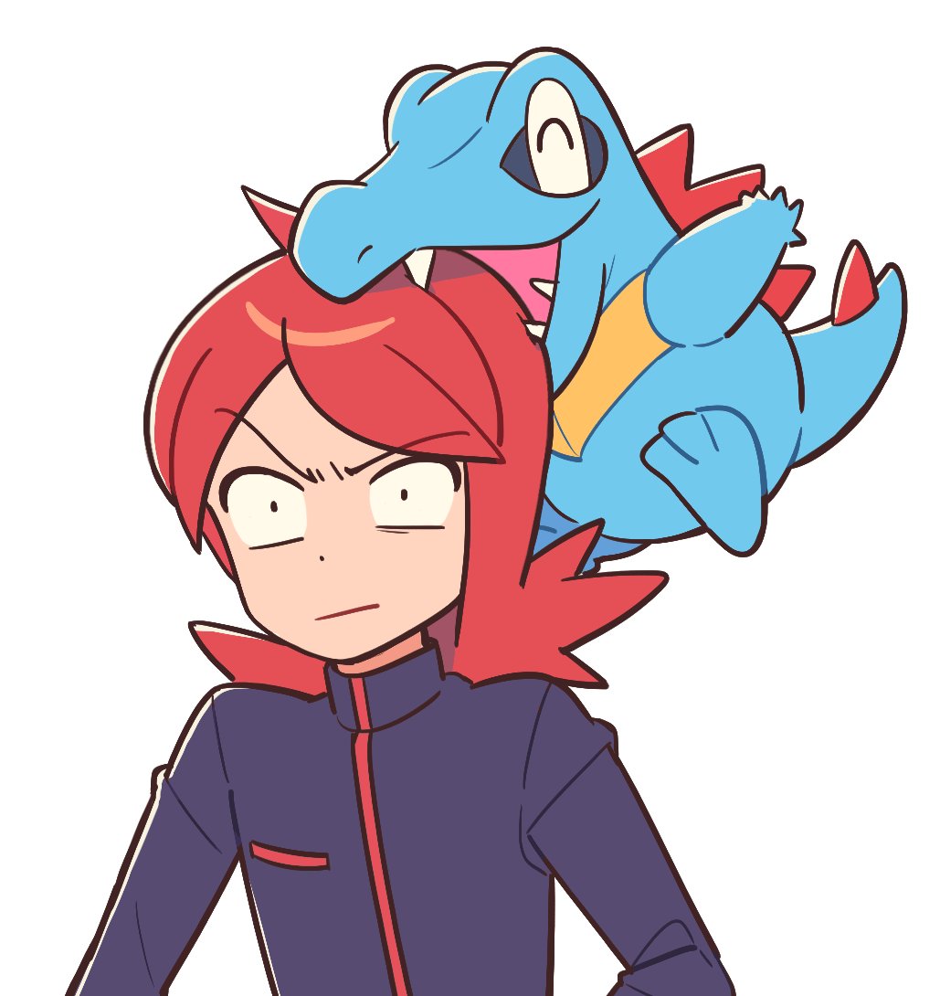 1boy ^_^ biting black_jacket blue_skin chueog closed_eyes colored_skin gen_2_pokemon head_biting jacket long_hair long_sleeves male_focus nintendo open_mouth outstretched_arm pokemon pokemon_(creature) pokemon_hgss raised_eyebrow red_hair sharp_teeth silver_(pokemon) simple_background spines teeth tongue totodile upper_body white_background wide-eyed