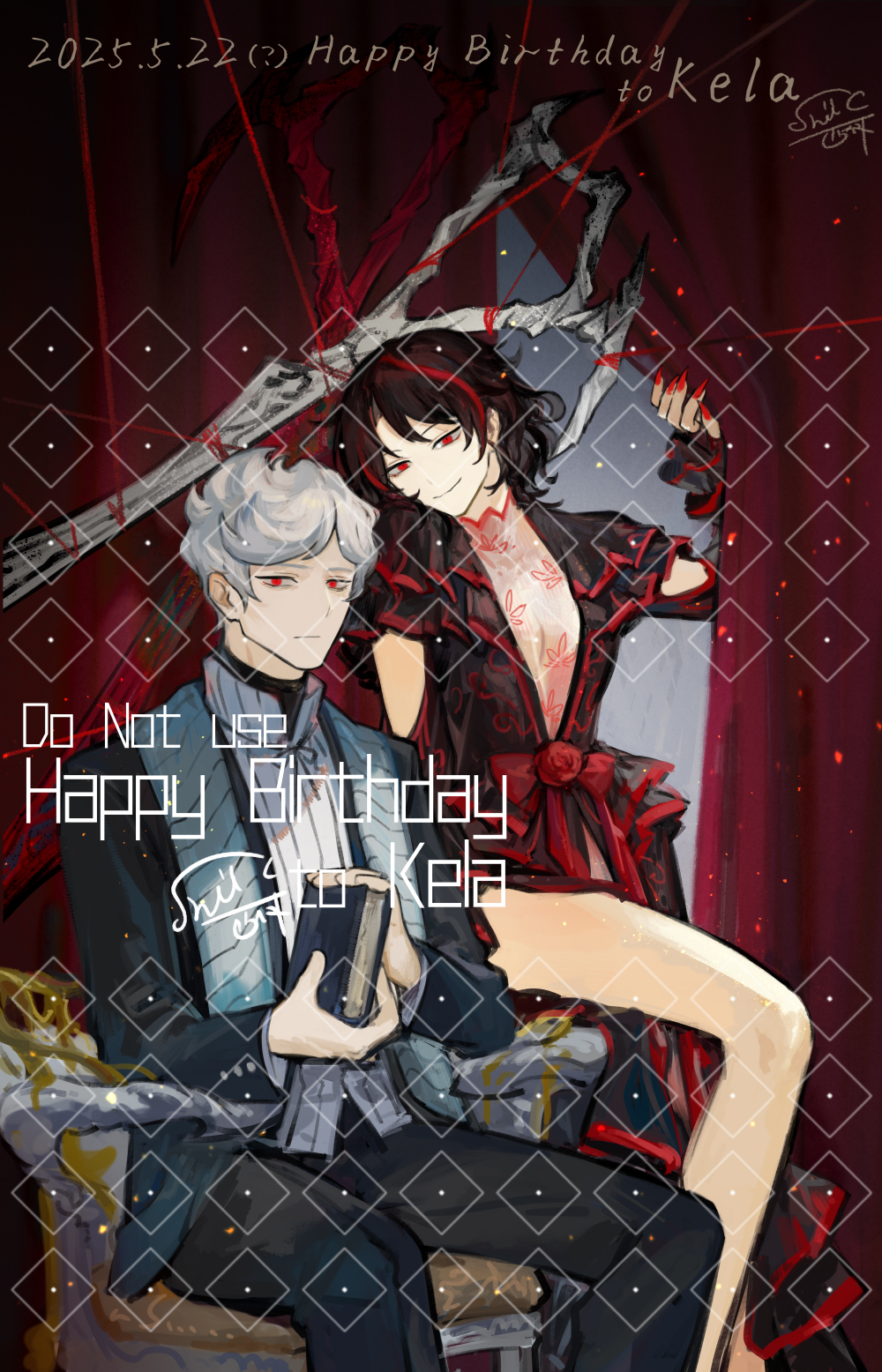 1boy 1girl black_dress black_jacket black_pants book bow chair closed_mouth cosplay curiambro_(project_moon) curiambro_(project_moon)_(cosplay) curtains dress elena_(project_moon) gift_art highres holding holding_book indoors jacket jae-heon library_of_ruina limbus_company looking_at_viewer nicolina_(project_moon) nicolina_(project_moon)_(cosplay) nishikujic open_door pants project_moon red_bow red_eyes sitting smile white_hair