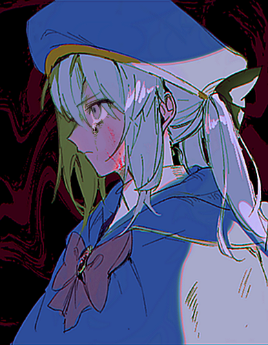 1girl aesc_(fate) black_bow blood blood_on_face bow fate/grand_order fate_(series) grey_eyes hair_between_eyes hair_bow hat lowres ponytail solo ss_un17 tears white_hair
