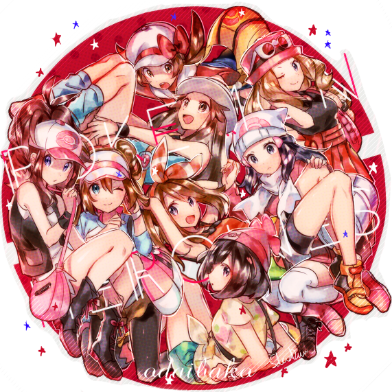 6+girls :d ;d armpits bag baseball_cap beanie bike_shorts black_hair blush boots bow_hairband brown_hair closed_mouth commentary_request dawn_(pokemon) double_bun eyelashes eyewear_on_headwear green_shorts hair_bun hair_ornament hairband hat high_ponytail hilda_(pokemon) knees leaf_(pokemon) light_brown_hair long_hair looking_at_viewer lyra_(pokemon) may_(pokemon) multiple_girls naru_(andante) nintendo one_eye_closed open_mouth pink_bag pleated_skirt pokemon pokemon_bw pokemon_bw2 pokemon_dppt pokemon_frlg pokemon_hgss pokemon_oras pokemon_platinum pokemon_sm pokemon_xy ponytail red_hairband red_headwear red_skirt rosa_(pokemon) scarf selene_(pokemon) serena_(pokemon) shirt shoes short_hair short_sleeves shorts skirt sleeveless smile socks star_(symbol) sunglasses tied_shirt white_scarf white_shorts wristband