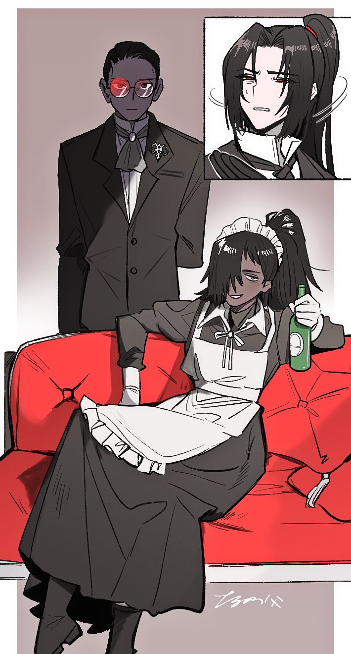 3boys apron arm_behind_back ascot aseah_(project_moon) boots bottle brooch buttons closed_mouth collared_dress dress frilled_apron frills gubo_(project_moon) hair_intakes hair_over_one_eye hair_slicked_back high_ponytail highres holding holding_bottle jewelry jia_huan_(project_moon) juliet_sleeves limbus_company long_hair long_sleeves looking_at_viewer maid_headdress male_focus multiple_boys neck_ribbon ponytail project_moon puffy_sleeves ribbon round_eyewear sleeve_cuffs sunglasses tama_launcher very_long_hair wuthering_heights_(identity)_(project_moon)