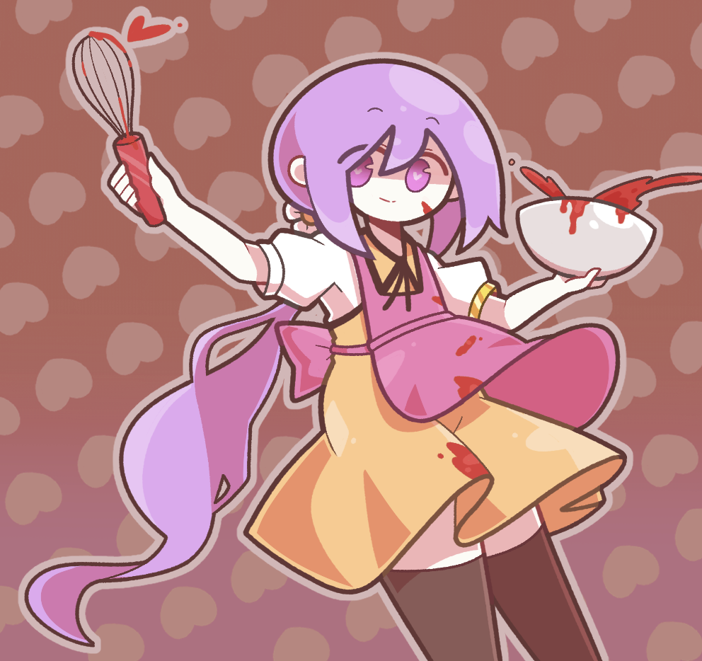 1girl back_bow baek_ban black_thighhighs blood blood_on_clothes bow bowl closed_mouth collared_dress dress empty_eyes flat_chest hair_between_eyes heart heart-shaped_pupils heart_background holding holding_bowl holding_whisk long_hair pink_bow pink_hair puffy_short_sleeves puffy_sleeves purple_eyes purple_hair shaded_face shirt short_sleeves smile solo symbol-shaped_pupils thighhighs touhou tsukumo_benben whisk white_shirt yandere yellow_dress