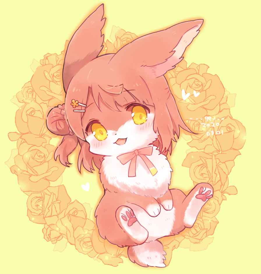 animal animal_focus animalization blush floral_background full_body hair_bun hair_ornament hairclip looking_at_viewer love_live! love_live!_nijigasaki_high_school_idol_club nako_(user_wnnm5534) neck_ribbon no_humans open_mouth orange_fur orange_hair rabbit ribbon short_hair single_side_bun smile solo uehara_ayumu yellow_background yellow_eyes