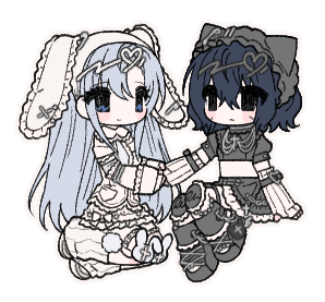 2girls bad_id bad_twitter_id black_eyes black_footwear black_hair black_hairband black_shirt black_skirt blue_eyes blue_hair boots closed_mouth cropped_shirt dress frilled_skirt frills hairband long_hair long_sleeves lowres multiple_girls original shirt skirt smile transparent_background u_emper very_long_hair white_dress