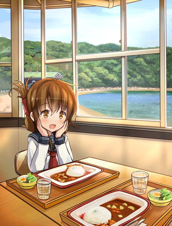 1girl black_sailor_collar blush bowl brown_eyes brown_hair chair commentary_request cup curry curry_rice day folded_ponytail food hair_between_eyes hands_on_own_cheeks hands_on_own_face hitakikan inazuma_(kancolle) indoors kantai_collection long_sleeves neckerchief ponytail red_neckerchief rice sailor_collar salad school_uniform serafuku sitting solo table tray water