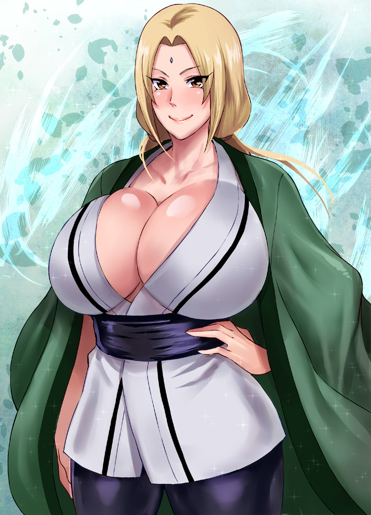 1girl blonde_hair blush breasts brown_eyes cleavage closed_mouth collarbone cowboy_shot facial_mark forehead forehead_mark grey_kimono haikawa_hemlen hand_on_own_hip huge_breasts japanese_clothes kimono long_hair looking_at_viewer naruto_(classic) naruto_(series) obi paid_reward_available pantyhose parted_bangs purple_pantyhose purple_sash sash smile solo sparkle thick_thighs thighs tsunade_(naruto)