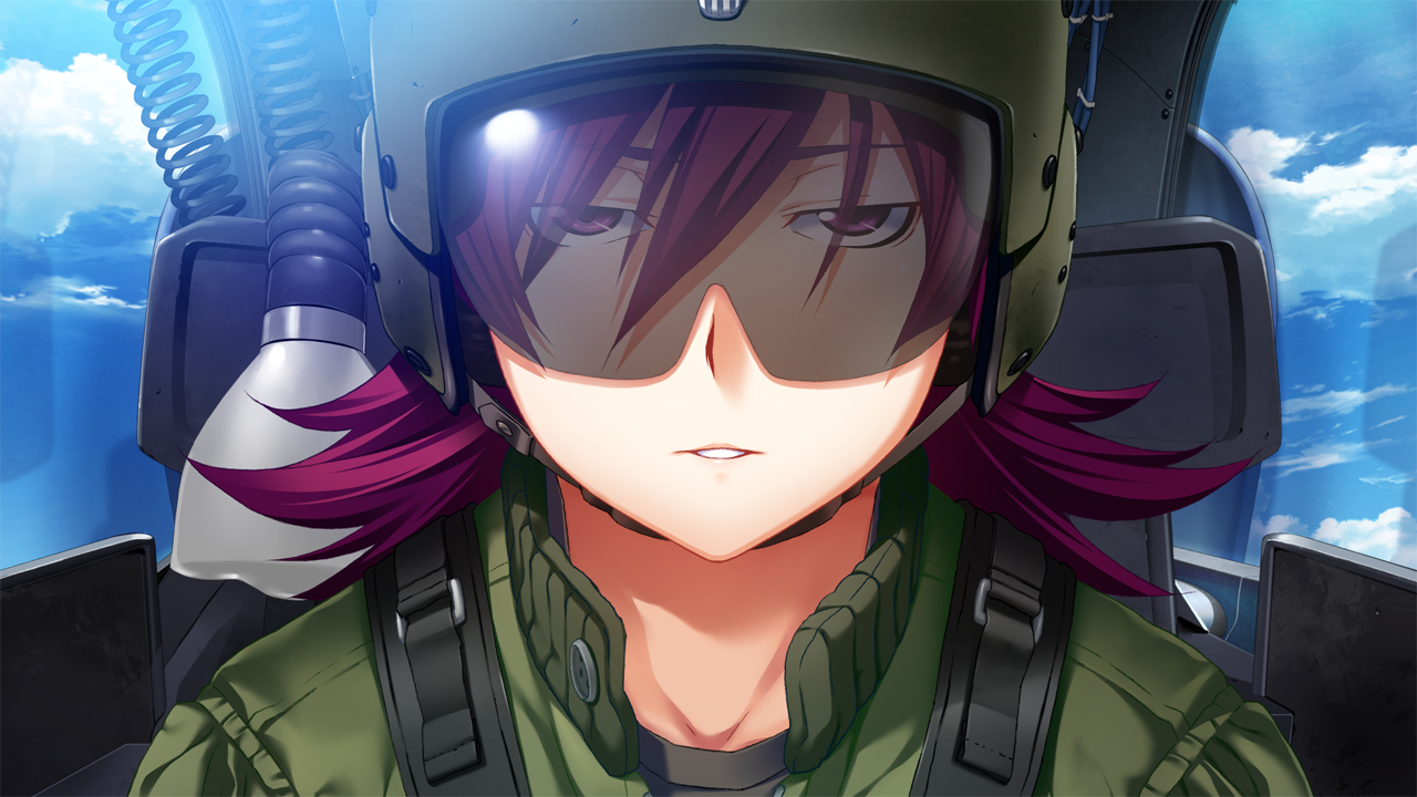1girl cloud cockpit day flight_suit fumio_(ura_fmo) game_cg green_helmet green_jumpsuit grisaia_(series) grisaia_no_rakuen hair_between_eyes helmet jumpsuit large_variant_set looking_at_viewer medium_hair milliela_stanfield non-web_source official_art parted_lips pilot_helmet portrait purple_eyes purple_hair solo variant_set