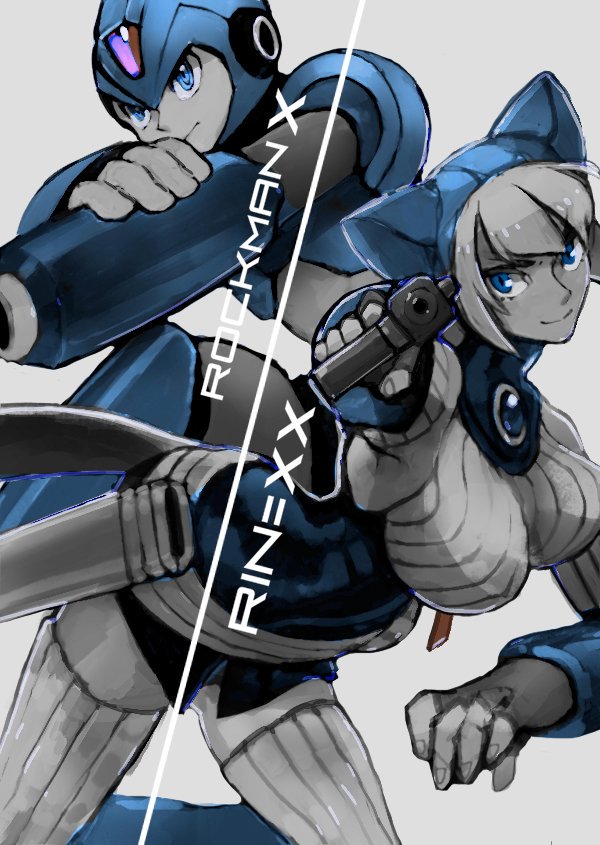 1boy 1girl android animal_hood arm_cannon blue_eyes breasts breath_of_fire breath_of_fire_v cat_hood closed_mouth dress fingerless_gloves gloves helmet hood horocca large_breasts lin_(breath_of_fire) looking_at_viewer mega_man_(series) x_(mega_man) mega_man_x_(series) short_hair simple_background smile tail thighhighs weapon