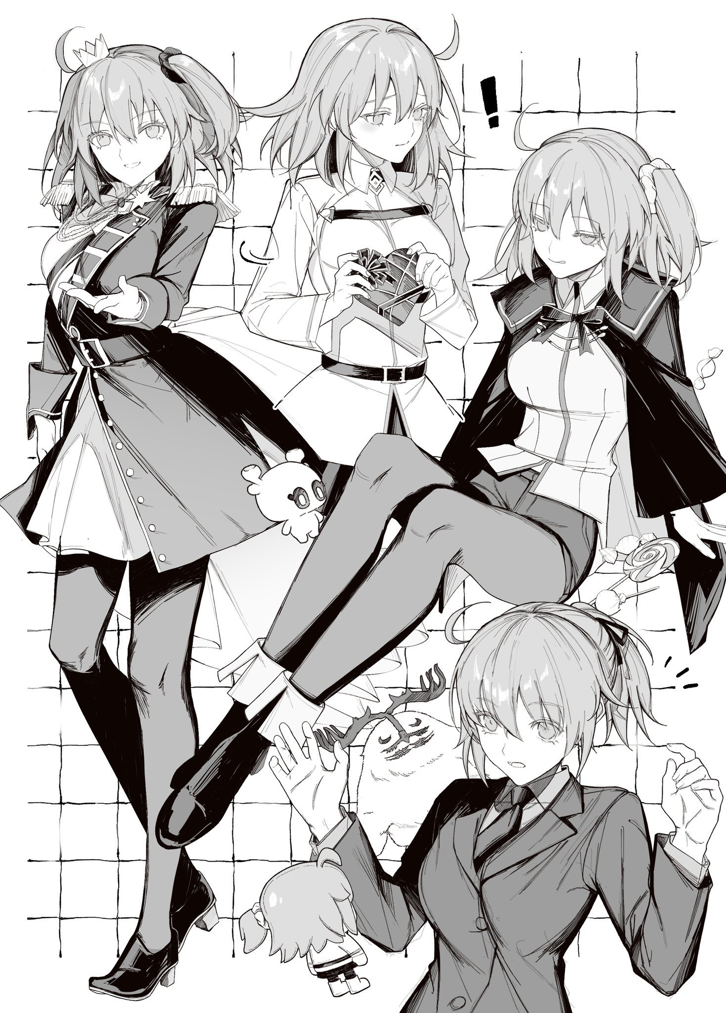 1girl ahoge aranami73 box candy cape cernunnos_(fate) chaldea_uniform chocolate crown epaulettes fate/grand_order fate_(series) food formal_clothes fujimaru_ritsuka_(female) fujimaru_ritsuka_(female)_(halloween_royalty) fujimaru_ritsuka_(female)_(mage's_association_uniform) fujimaru_ritsuka_(female)_(royal_brand) gift hair_ornament hair_scrunchie heart heart-shaped_box heart-shaped_pupils highres holding holding_gift horns mini_crown multiple_views ponytail scrunchie suit symbol-shaped_pupils valentine