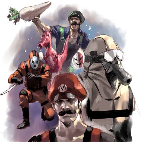 2boys 2others birdo black_shirt elbow_pads facial_hair food gas_mask goggles green_headwear holding holding_food holding_knife holding_vegetable jumpsuit junny knee_pads knife looking_up luigi male_focus mario mario_(series) mask monster multiple_boys multiple_others mustache nintendo open_mouth orange_jumpsuit phanto realistic red_headwear saliva shaded_face shirt shy_guy snifit stubble super_mario_bros._2 vegetable white_jumpsuit