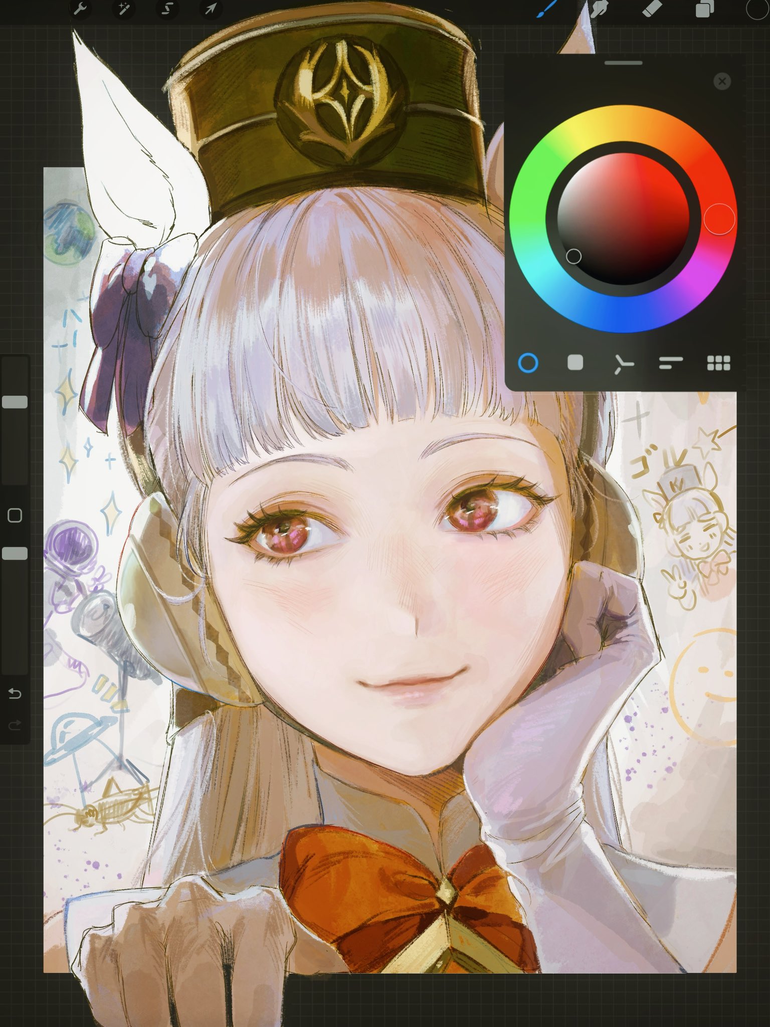 animal_ears arrow_(symbol) blunt_bangs bow brown_hat closed_mouth color_picker ear_bow ear_covers fourth_wall gloves gold_ship_(umamusume) grey_hair hand_on_own_cheek hand_on_own_face hat highres horse_ears horse_girl lips long_hair looking_to_the_side neck_ribbon partially_colored pillbox_hat portrait procreate_(software) purple_ribbon red_eyes red_ribbon ribbon seapall smile through_medium umamusume white_gloves