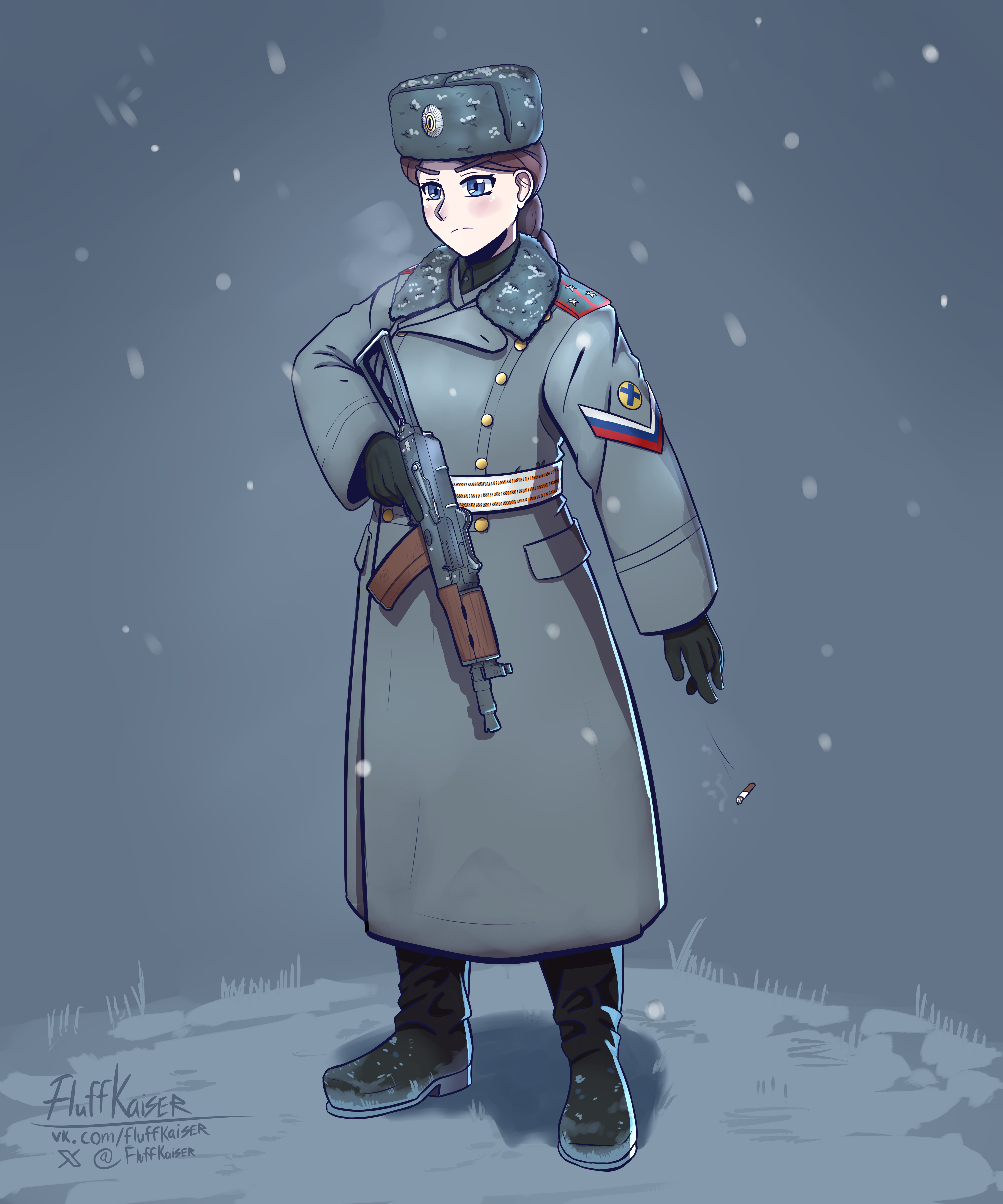 absurdres aks-74u artist_name assault_rifle belt blue_eyes boots braid braided_ponytail breath brown_hair cigarette coat collar epaulettes fluffkaiser fur_hat gun hat highres holding holding_gun holding_weapon kalashnikov_rifle long_coat military military_uniform original rifle russia russian_ground_forces russian_flag_print snow throwing_away trigger_discipline twitter_username ushanka weapon