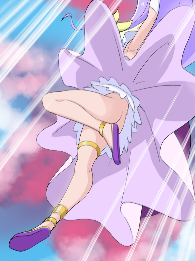 1girl armpits ass covered_face cure_earth dress elbow_gloves full_body fuurin_asumi gloves hair_ornament haruyama_kazunori healin&#039;_good_precure jewelry legs long_hair magical_girl no_panties precure purple_dress purple_hair solo very_long_hair white_gloves wings