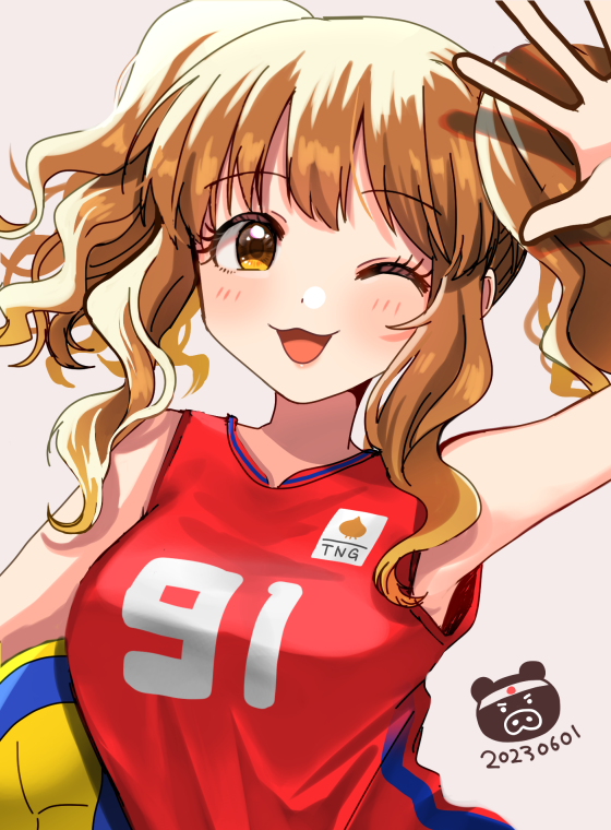 1girl :3 ayaca ball bare_shoulders blush breasts dated holding holding_ball idolmaster idolmaster_cinderella_girls large_breasts long_hair moroboshi_kirari one_eye_closed open_mouth orange_hair sidelocks smile sportswear twintails upper_body volleyball volleyball_(object) volleyball_uniform wavy_hair