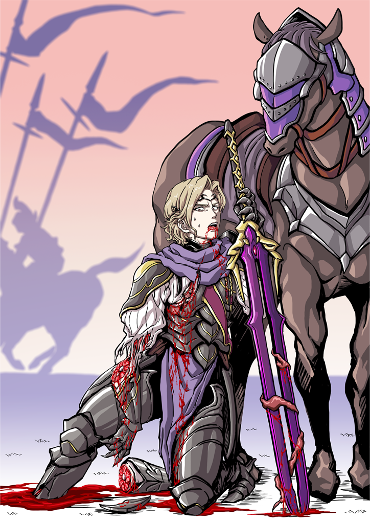 1boy 1other amputation amputee animal_ears armor artist_request blonde_hair blood blood_drip character_request defeat defeated_heroin fire_emblem fire_emblem_fates guro horse horse_ears intestines male_gore ryona soldier sword teeth tongue weapon