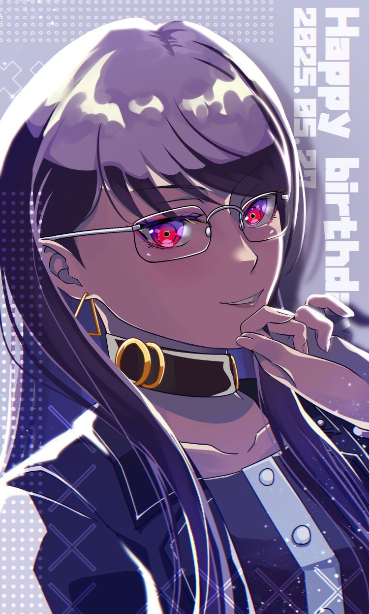 1girl collar collarbone eyelashes female_focus fingernails glasses grey_hair grin hand_up happy_birthday highres looking_at_viewer open_mouth otowaika purple_hair red_eyes shizuhara_hiruko simple_background smile solo teeth the_hundred_line_-last_defense_academy-