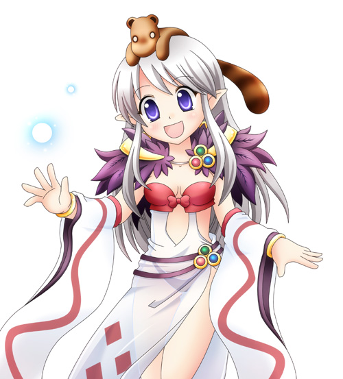 1girl :d belt black_panties blush breasts commentary_request cowboy_shot detached_sleeves dress energy_ball fur_collar long_hair looking_at_viewer medium_breasts meruya_(catcan) open_mouth panties pointy_ears purple_belt purple_eyes ragnarok_online see-through_clothes see-through_dress smile solo sorcerer_(ragnarok_online) underwear white_dress white_sleeves wide_sleeves