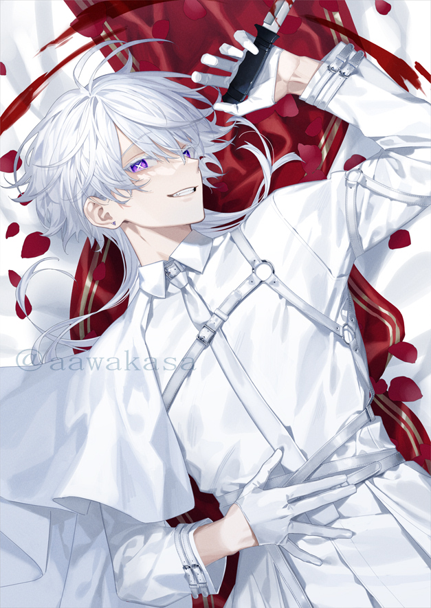 1boy antenna_hair arm_up blood colored_eyelashes commentary_request copyright_request gloves grin hair_between_eyes half_gloves holding holding_knife jacket knife long_sleeves looking_at_viewer male_focus o-ring original petals purple_eyes ryuuki_(hydrangea) smile solo white_gloves white_hair white_jacket