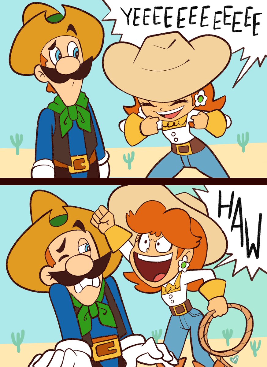 1boy 1girl belt blue_eyes brown_hair comic cosplay cowboy_hat crossover disney domestic_maid earrings facial_hair flower_earrings gloves grin hat highres jessie_the_yodeling_cowgirl jessie_the_yodeling_cowgirl_(cosplay) jewelry lasso looking_at_another luigi mario_(series) mustache nintendo one_eye_closed open_mouth pixar princess_daisy rope screaming sheriff_woody sheriff_woody_(cosplay) smile speech_bubble standing tomboy toy_story