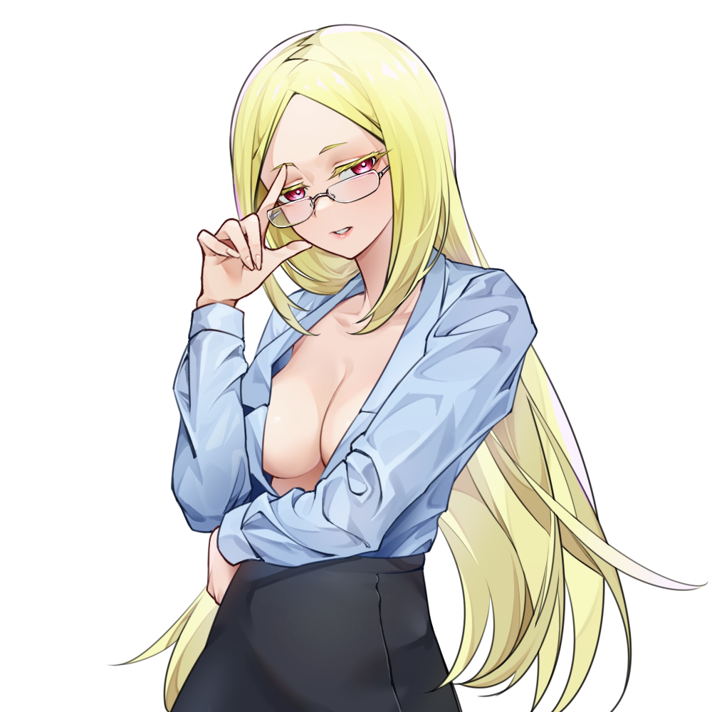 1girl aged_up arm_up black_skirt blonde_hair blue_shirt breasts cleavage collarbone floating_hair glasses large_breasts long_hair mahou_shoujo_ni_akogarete mian_li morino_korisu nero_alice office_lady open_clothes open_shirt parted_bangs red_eyes shirt simple_background skirt solo thick_eyebrows white_background