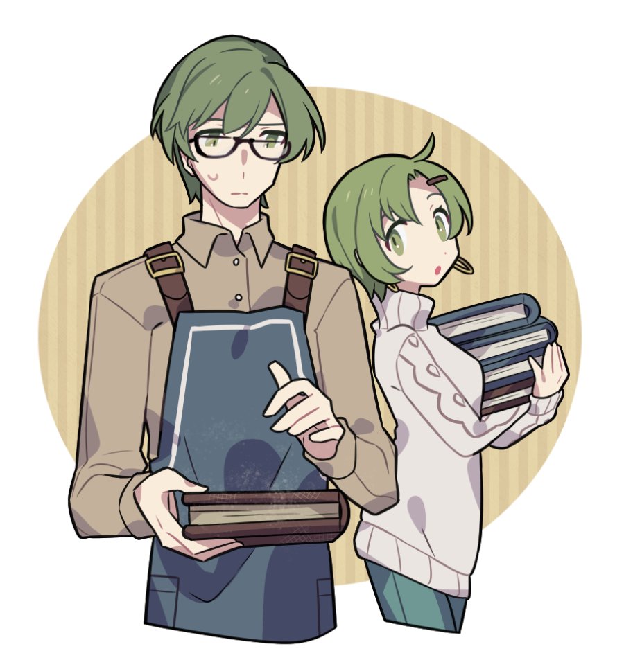 1boy 1girl apron black-framed_eyewear book book_stack brown_shirt ced_(fire_emblem) character_request collared_shirt commentary earrings eyelashes fee_(fire_emblem) fire_emblem fire_emblem:_genealogy_of_the_holy_war glasses green_eyes green_hair haconeri holding holding_book hoop_earrings jewelry medium_hair nintendo open_mouth shirt sweat sweater symbol-only_commentary turtleneck turtleneck_sweater white_sweater