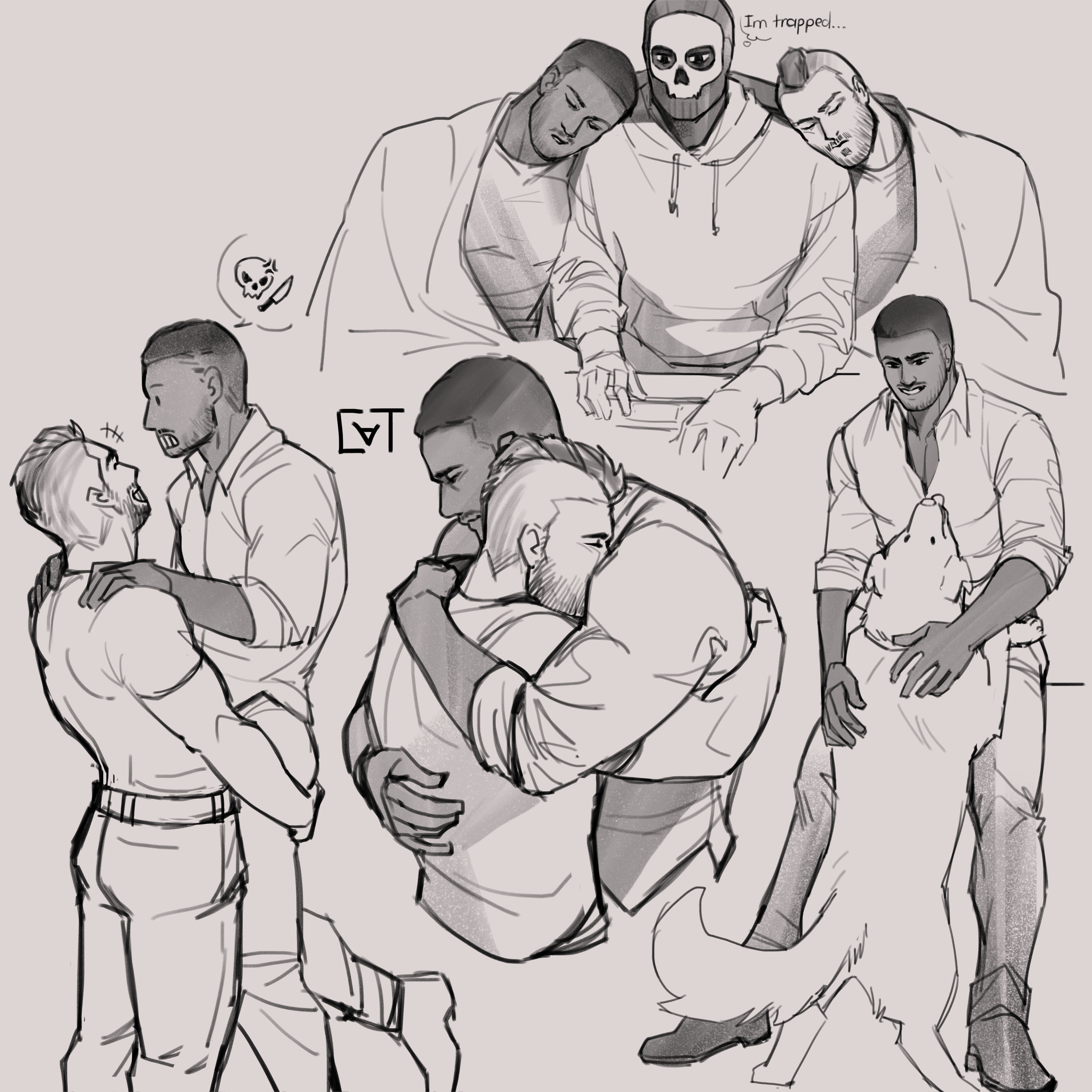 3boys absurdres animal asymmetrical_hair bara belt call_of_duty call_of_duty:_modern_warfare_2 carrying carrying_person closed_eyes collared_shirt dark-skinned_male dark_skin dog english_text facial_hair gaz_(call_of_duty_4) ghost_(modern_warfare_2) greyscale highres hood hood_down hoodie hug male_focus mask monochrome multiple_boys muscular muscular_male pants pectoral_cleavage pectorals shirt short_hair sidecut skull_mask sleeping smile soap_(modern_warfare_2) sundaycat3 undercut yaoi