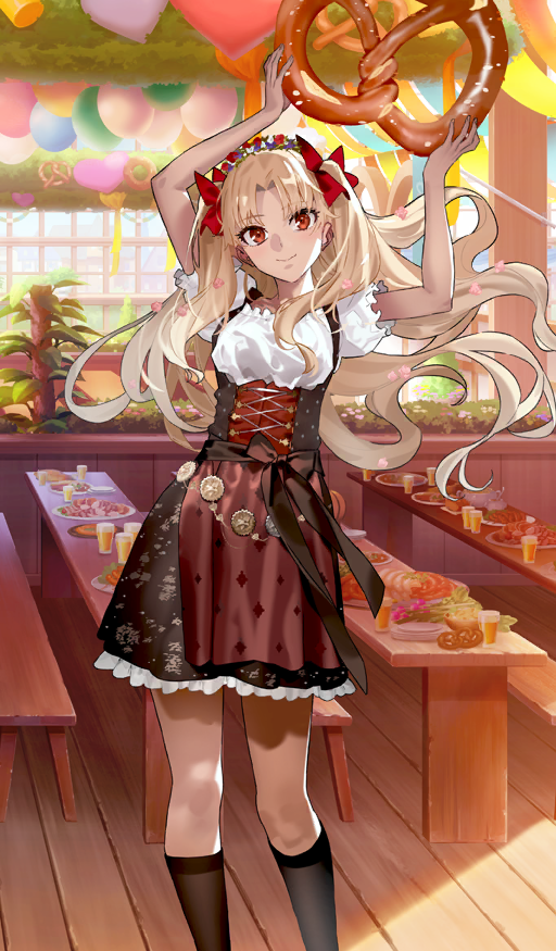 1girl apron arms_up blonde_hair bow breasts brown_skirt corset cross-laced_clothes ereshkigal_alter_(event_portrait)_(fate) ereshkigal_(fate) fate/grand_order fate_(series) food hair_bow kneehighs long_hair looking_at_viewer medium_breasts morii_shizuki official_art oversized_food oversized_object parted_bangs pretzel red_apron red_eyes shirt short_sleeves skirt smile socks solo table two_side_up waist_apron white_shirt