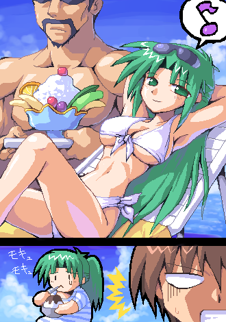 2boys 2girls armpits arms_behind_head beard bikini blue_sky breasts brown_hair cleavage cloud collarbone comic day eyewear_on_head facial_hair food front-tie_top fruit glasses higurashi_no_naku_koro_ni ice_cream kasai_tatsuyoshi kurogarasu large_breasts looking_at_viewer lowres maebara_keiichi multiple_boys multiple_girls musical_note navel ocean outdoors quaver sky smile sonozaki_mion sonozaki_shion speech_bubble spoken_musical_note sunglasses sweatdrop swimsuit