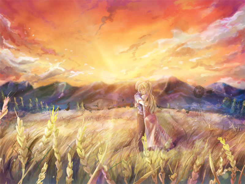 1boy 1girl argyle_clothes artist_request black_pants blonde_hair brown_hair casual closed_eyes cloud dress game_cg golden_hour hug katawa_shoujo long_hair mountainous_horizon nakai_hisao non-web_source official_alternate_costume official_art orange_sky outdoors pants ponytail satou_lilly scenery shirt short_hair short_sleeves sky standing wheat_field windmill
