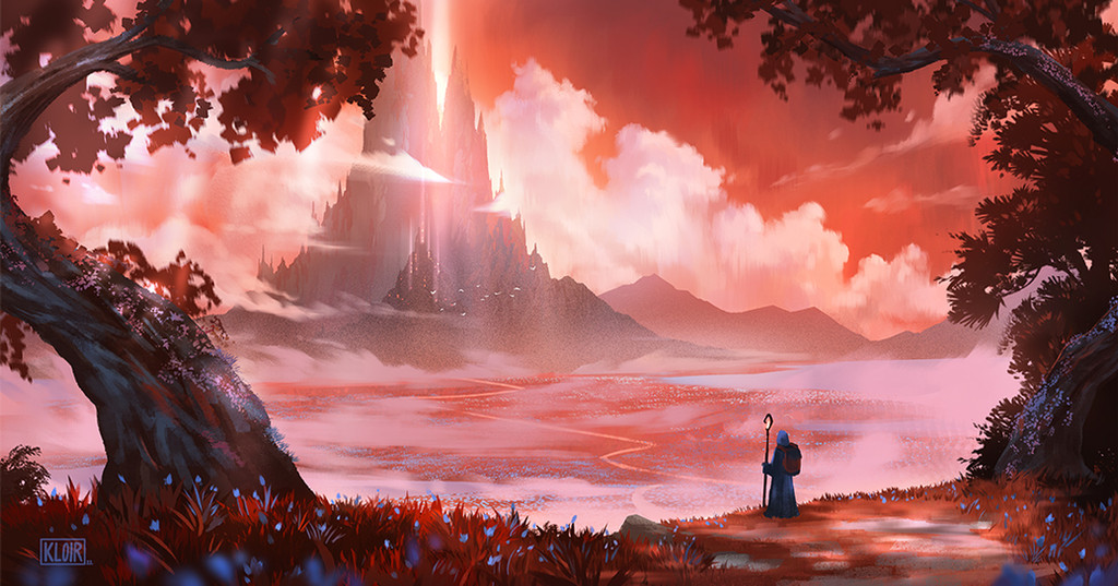 blue_flower blue_robe cloud commentary dirt_road english_commentary flower holding holding_staff hood kloir landscape light_rays mountain mountainous_horizon original painterly red_grass red_leaf red_sky road robe sky staff sunbeam sunlight tree wizard