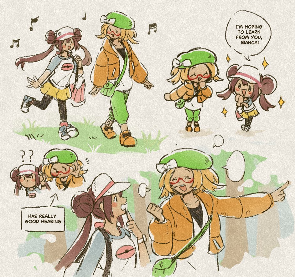 2girls ? ?? bag bianca_(pokemon) blonde_hair bow brown_hair chibi clenched_hand commentary double_bun english_text glasses green_bag green_pants hair_bun hat hat_bow hood hood_down hooded_jacket jacket long_hair miiyokoe multiple_girls multiple_views musical_note nintendo notice_lines orange_jacket orange_shoes pants pantyhose pink_bag pink_socks pointing pokemon pokemon_bw2 raglan_sleeves red-framed_eyewear rosa_(pokemon) semi-rimless_eyewear shirt shoes short_hair shorts shoulder_bag socks speech_bubble standing twintails visor_cap white_bow white_shirt yellow_shorts