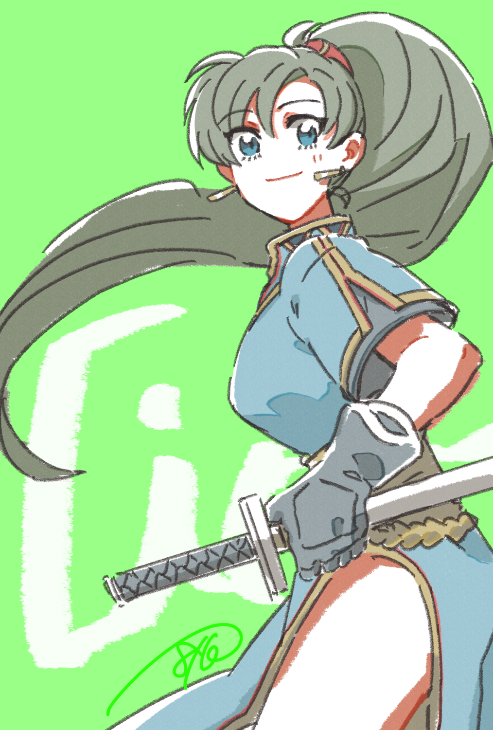 batoson54 blue_dress closed_mouth dress earrings fingerless_gloves fire_emblem fire_emblem:_the_blazing_blade gloves green_eyes green_hair high_ponytail highres jewelry long_hair looking_at_viewer lyn_(fire_emblem) nintendo ponytail rope_belt side_slit sword weapon