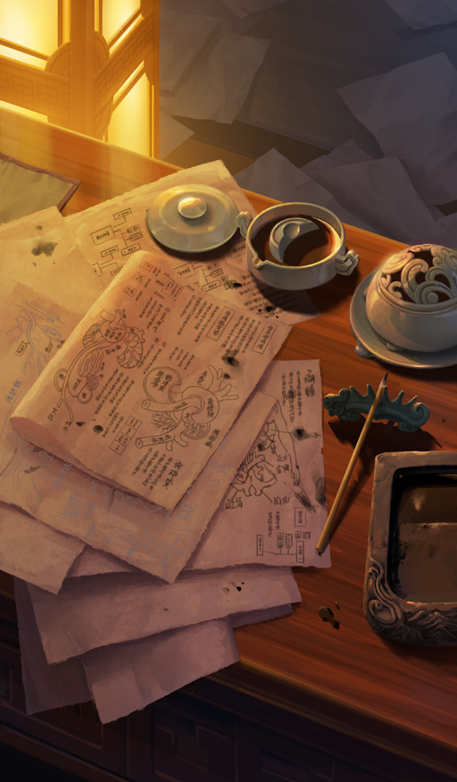 commentary fate/grand_order fate_(series) indoors inkwell lantern lasengle lid nib_pen_(object) no_humans object_request official_art paper pen porcelain saucer smudge still_life third-party_source