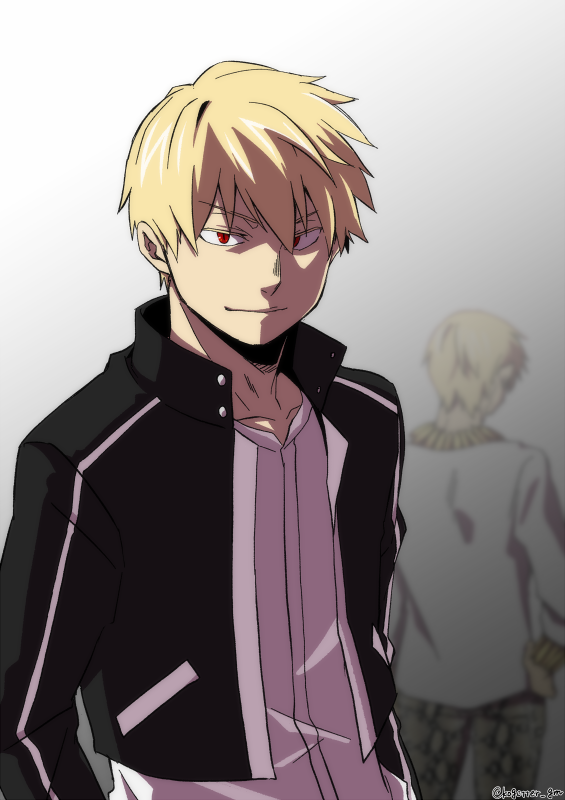 2boys black_jacket blonde_hair bracelet commentary dual_persona fate/stay_night fate/zero fate_(series) gilgamesh_(fate) gilgamesh_(immoral_biker_jacket)_(fate) hand_on_own_hip jacket jewelry male_focus moonlight_0423 multiple_boys necklace red_eyes smile twitter_username