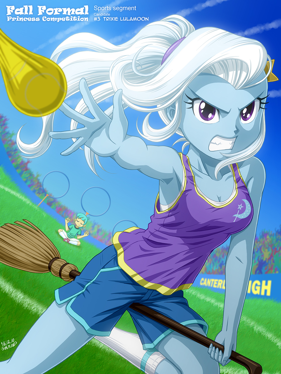 1boy 1girl angry ball blue_skin broom clenched_teeth colored_skin green_hair hair_ornament hair_tie hairclip highres kneehighs long_hair meditation my_little_pony my_little_pony:_equestria_girls my_little_pony:_friendship_is_magic personification ponytail purple_eyes quidditch sharp_teeth shorts snails_(mlp) socks tagme tank_top teeth tennis_ball trixie_lulamoon trixie_lulamoon_(equestria_girls) uotapo white_hair yellow_skin