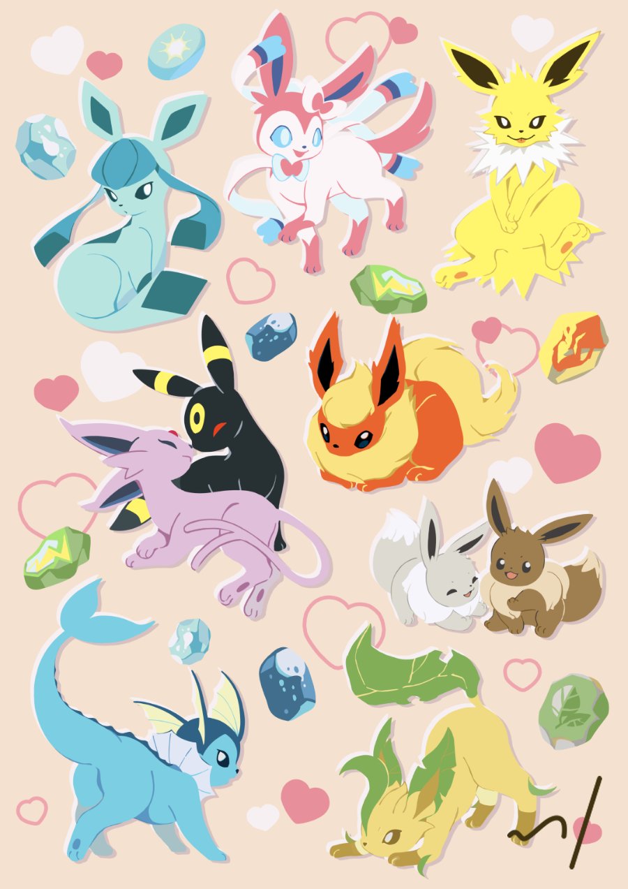 alternate_color black_eyes blue_eyes bright_pupils brown_eyes closed_eyes commentary eevee english_commentary espeon evolution_stone evolutionary_line evolutionary_stone fins fire_stone flareon forked_tail game_freak gen_1_pokemon gen_2_pokemon gen_4_pokemon gen_6_pokemon glaceon head_fins heart highres ice_stone jolteon leaf_stone leafeon lying nessiesu nintendo no_humans pink_background pokemon pokemon_(creature) red_eyes shiny_pokemon sidelocks simple_background smile sylveon tail thunder_stone tongue tongue_out umbreon vaporeon water_stone white_pupils