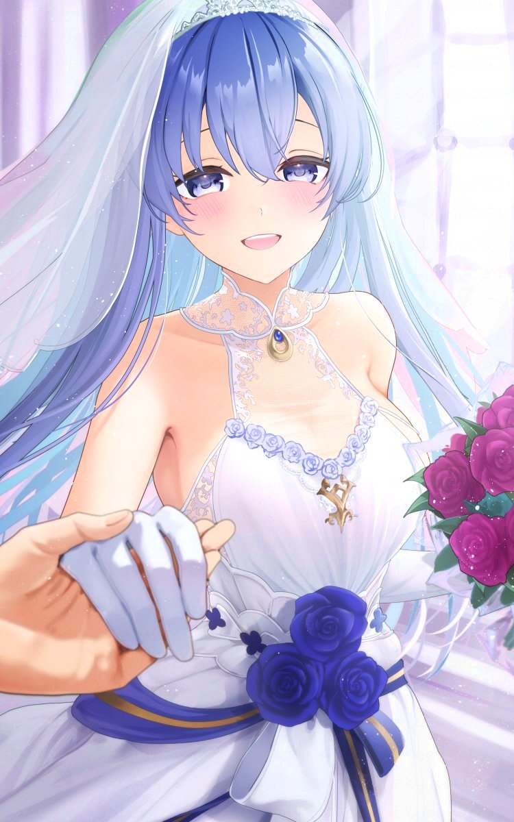 1girl 1other :d azur_lane bare_shoulders blue_eyes blue_flower blue_gemstone blue_hair blue_ribbon blue_rose blush bouquet breasts bridal_veil collarbone commander_(azur_lane) commentary commission dress dress_flower elbow_gloves flower gem gloves hair_between_eyes halter_dress halterneck highres holding holding_bouquet holding_hands kyouya0514 lace_dress large_breasts light_particles long_hair looking_at_viewer official_alternate_costume open_mouth pov pov_hands red_flower red_rose ribbon rodney_(azur_lane) rodney_(palace_of_blessings)_(azur_lane) rose smile sunlight teeth upper_teeth_only veil wedding_dress white_gloves white_veil window