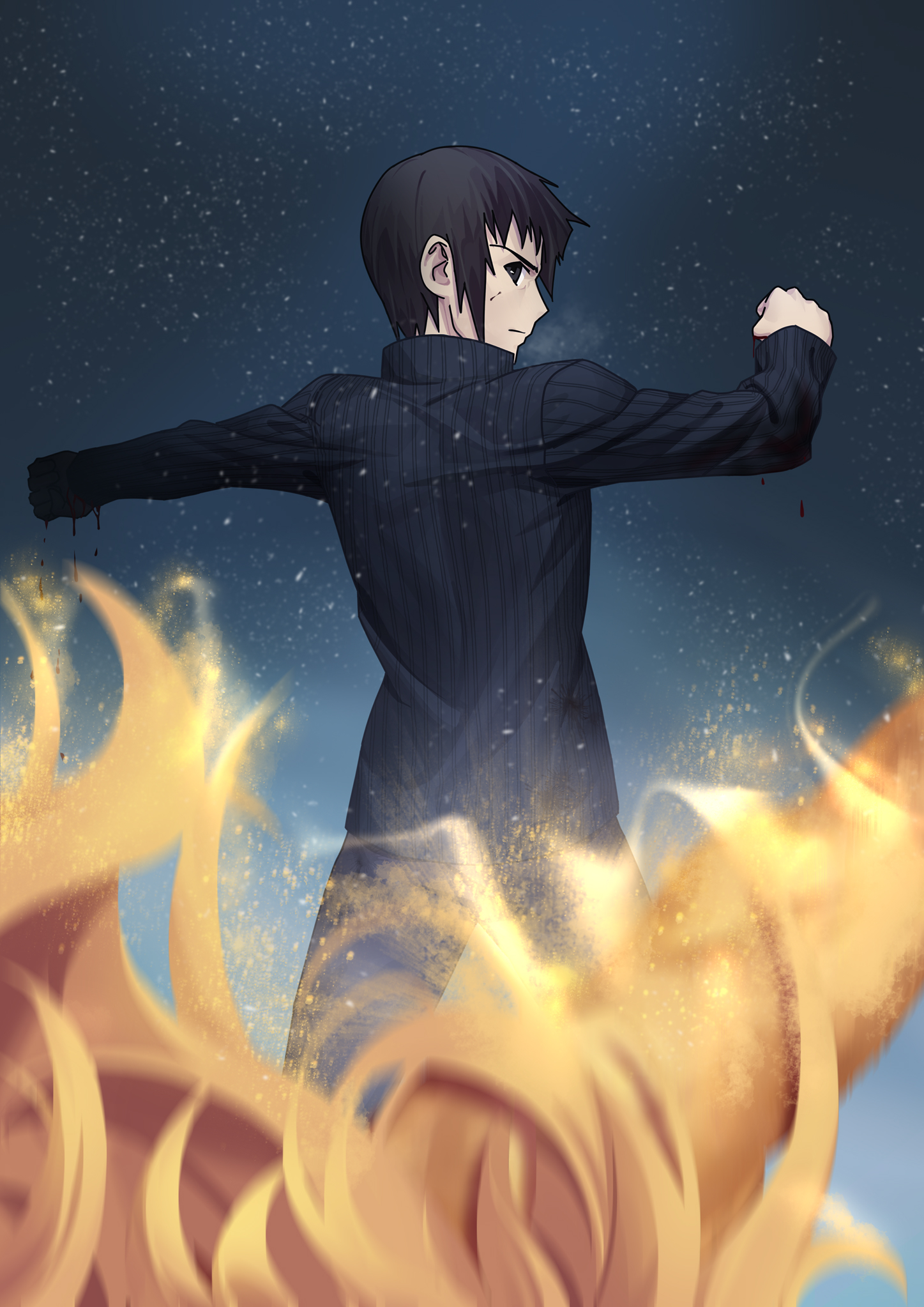 black_hair black_jacket broken_arm commentary_request cqqz0707 falling high_collar highres injury jacket lugh_beowulf lugh_beowulf_(wolf) mahou_tsukai_no_yoru pinstripe_jacket pinstripe_pattern shizuki_soujuurou short_hair spoilers star_(symbol) star_symbol_background striped werewolf