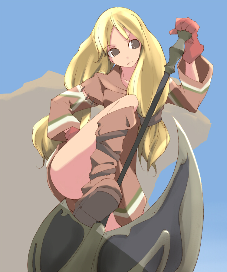 1girl axe blonde_hair boots brown_eyes censored convenient_censoring female_focus final_fantasy final_fantasy_tactics geomancer geomancer_(fft) gloves kazamidori_(lumq) kazamidory long_hair outdoors sky solo weapon