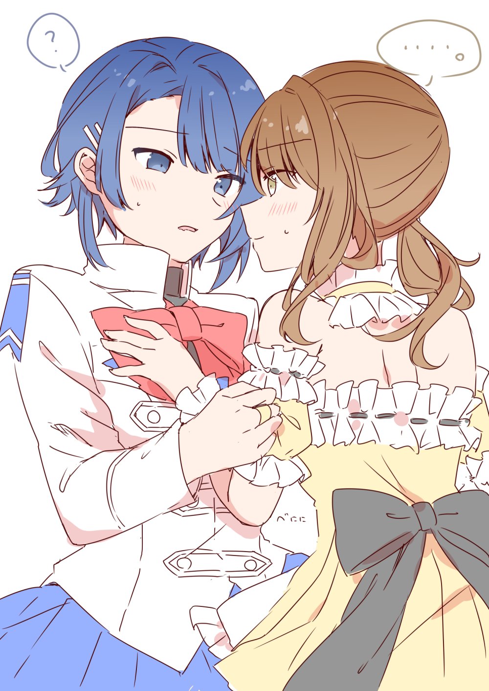 ... 2girls ? aizawa_kazuha artist_name assault_lily asymmetrical_hair back_bow bare_shoulders benini black_bow blue_eyes blue_hair blue_skirt blush bow bowtie brown_hair collar commentary_request cowboy_shot detached_sleeves dress face-to-face frilled_collar frilled_sleeves frills grey_eyes hair_behind_ear hair_ornament hairclip hand_on_another&#039;s_arm hand_on_another&#039;s_chest hand_up herensuge_girls_academy_school_uniform highres iijima_renka jacket jewelry long_sleeves looking_at_another low_ponytail low_side_ponytail maid multiple_girls nervous_smile official_alternate_costume parted_lips pleated_skirt ponytail puffy_detached_sleeves puffy_sleeves red_bow red_bowtie ring school_uniform short_hair short_sleeves simple_background skirt smile speech_bubble spoken_ellipsis spoken_question_mark standing strapless strapless_dress sweatdrop white_background white_collar white_jacket yellow_dress yuri