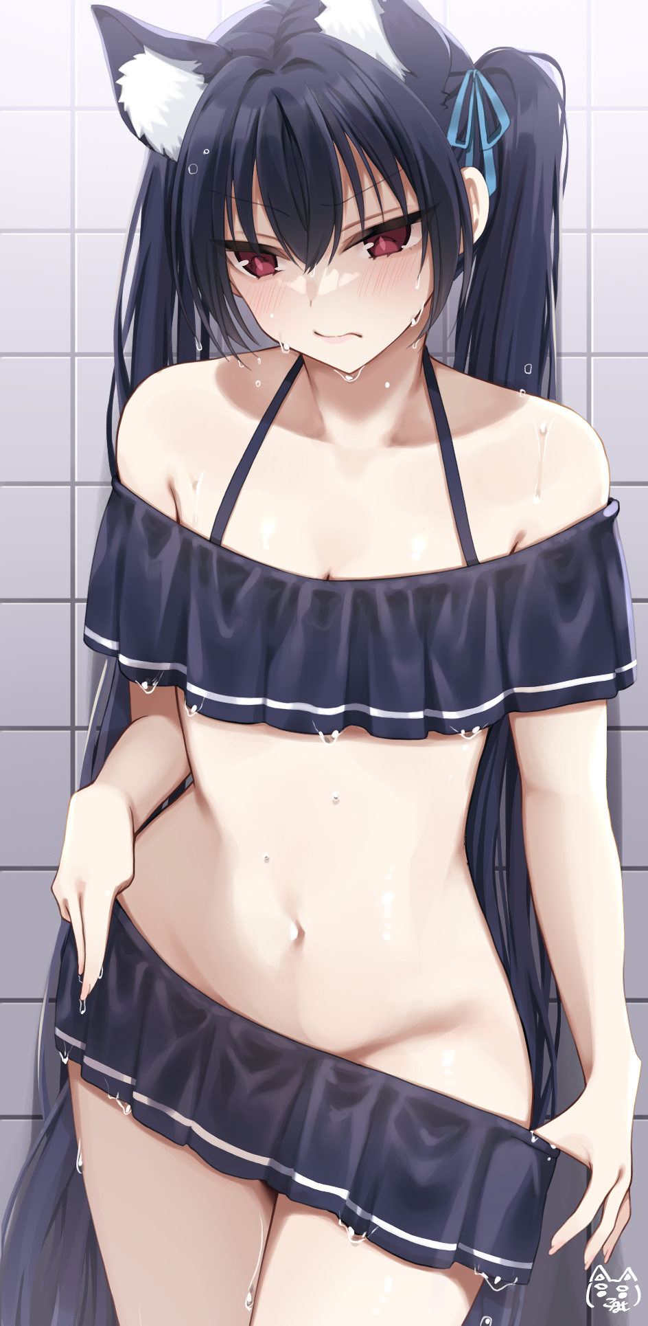 1girl animal_ear_fluff animal_ears bare_shoulders bikini black_bikini black_hair blue_archive blue_ribbon blush breasts cat_ears closed_mouth commentary cowboy_shot extra_ears frilled_bikini frills frown groin hair_between_eyes hair_ribbon halterneck hamcheeseand highres indoors long_hair looking_to_the_side navel off-shoulder_bikini off_shoulder official_alternate_costume red_eyes red_pupils ribbon serika_(blue_archive) serika_(swimsuit)_(blue_archive) shy slit_pupils small_breasts solo stomach straight_hair swimsuit tile_wall tiles tsurime twintails undressing very_long_hair wet wet_clothes wet_swimsuit