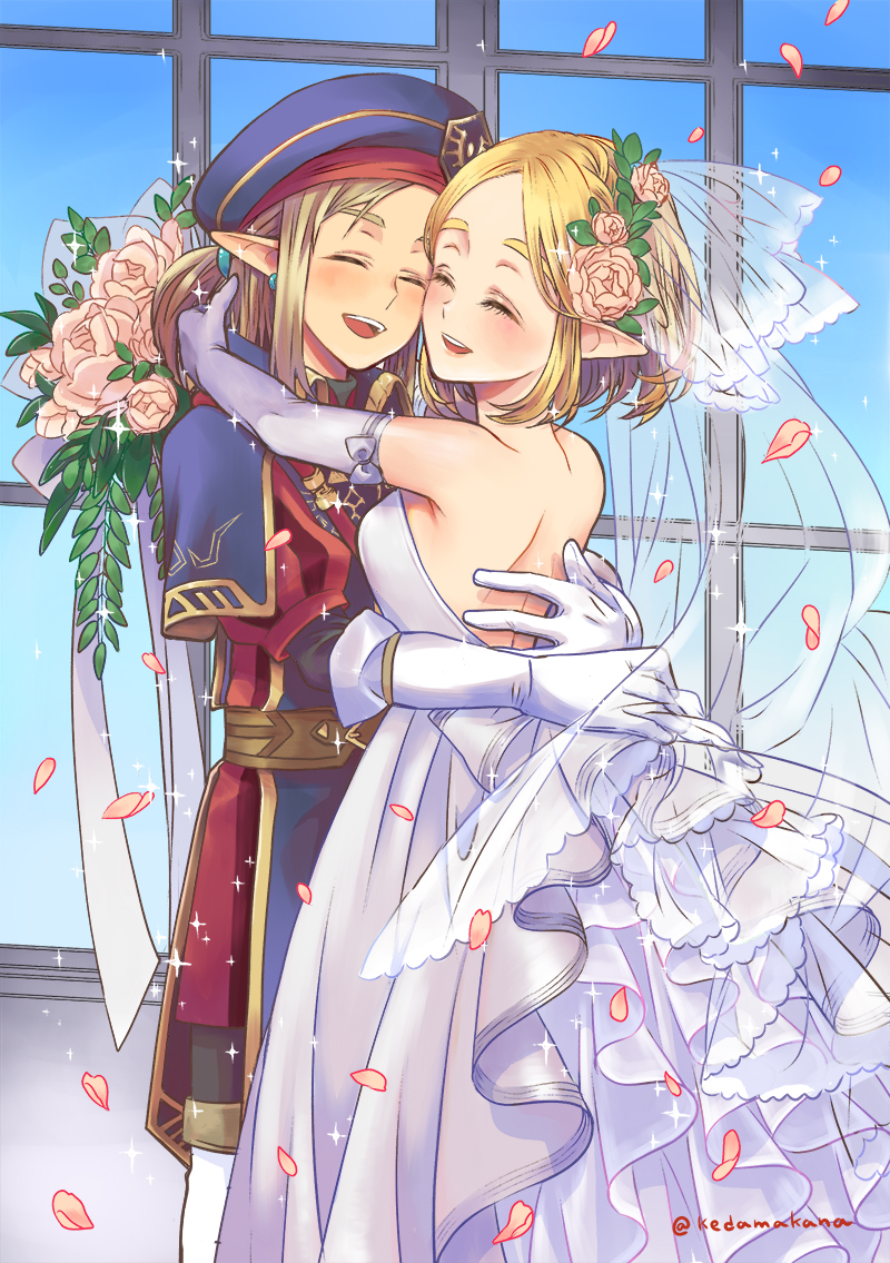 1boy 1girl backless_dress backless_outfit blonde_hair blue_hat blush bob_cut bouquet braid breasts bride closed_eyes commentary_request crown_braid dress earrings elbow_gloves falling_petals feet_out_of_frame flower frilled_dress frills gloves groom hat head_wreath hetero holding holding_bouquet huge_breasts jewelry link long_dress maton_(tranp) nintendo open_mouth petals pink_flower pink_rose pointy_ears princess_zelda rose royal_guard_set_(zelda) smile standing teeth the_legend_of_zelda the_legend_of_zelda:_tears_of_the_kingdom twitter_username upper_teeth_only wedding_dress white_dress white_gloves window