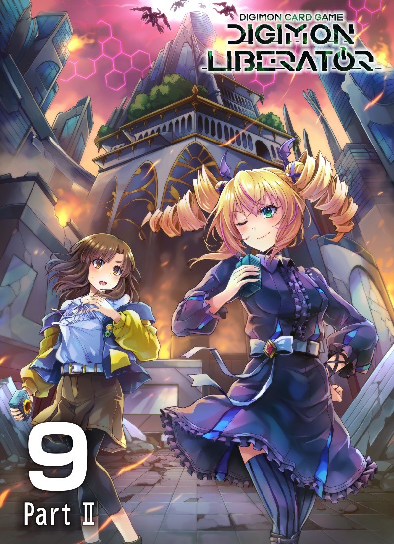 blonde_hair digimon digimon_(creature) digimon_liberator drill_hair green_eyes imperialdramon imperialdramon_dragon_mode_(black) kinosaki_arisa multicolored_hair official_art purple_hair ribbon twintails violet_inboots