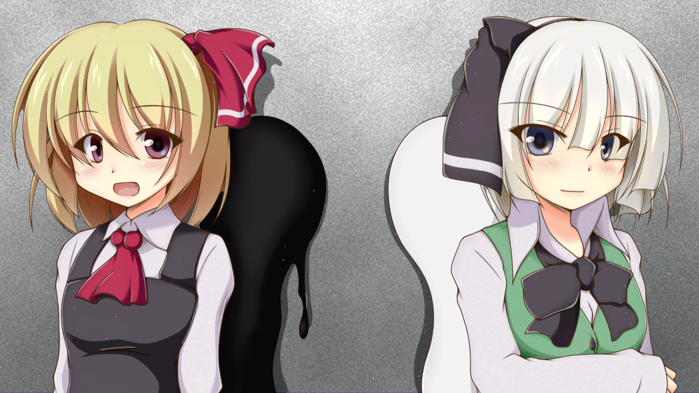 2girls ascot black_bow black_ribbon blonde_hair blue_eyes bow bowtie darkness ghost grey_background hair_ribbon konpaku_youmu kurenaidahlia long_sleeves multiple_girls ooze red_ascot red_eyes red_ribbon ribbon rumia short_hair touhou upper_body white_hair
