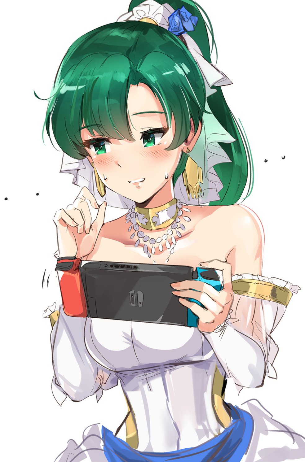 1girl bare_shoulders blush breasts bride console dress earrings female_focus fire_emblem fire_emblem:_the_blazing_blade fire_emblem_heroes green_eyes green_hair high_ponytail highres jewelry large_breasts long_hair looking_at_viewer lyn_(bride_of_the_plains)_(fire_emblem) lyn_(fire_emblem) nintendo nintendo_switch official_alternate_costume ormille ponytail simple_background smile solo strapless strapless_dress super_smash_bros. very_long_hair wedding_dress white_background white_dress